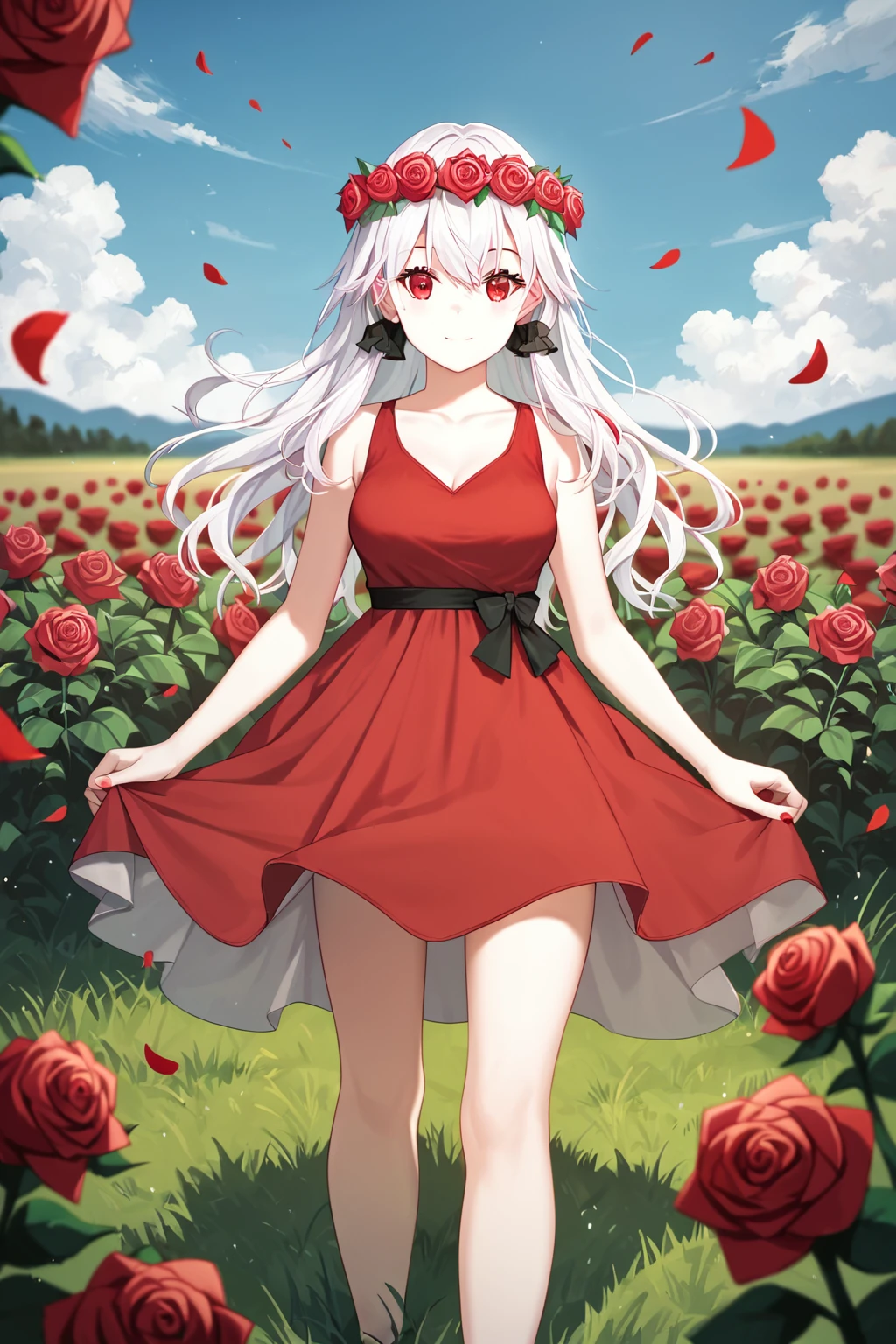score_9, score_8_up, score_7_up, score_6_up, rating_safe, source_anime, a girl wearing a dress made of roses, best quality, masterpiece, detailed eyes, outdoors, grass, flowers, (dress made of roses), sleeveless red dress, roses on dress, <lora:yonagi-xl-04:0.9>, yonagi, red eyes, cowboy shot, medium breasts, flower crown, smile,