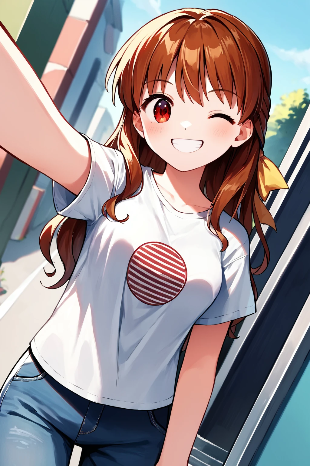 score_9, score_8_up, score_7_up, score_6_up, rating_safe, source_anime, best quality, masterpiece, detailed background, detailed eyes, (cowboy shot), streets, sunny, dutch angle, cute t-shirt, cute pants, (selfie), <lora:nagamori-mizuka-xl-02:1.2>, nagamori, brown hair, red eyes, yellow_hair_ribbon, long sidelocks, medium breasts, grin, wink