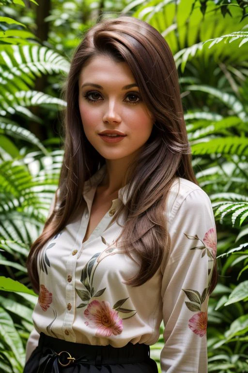 (Medium Close Up Photo) of <lora:Br1tt4nyM_v12:0.8>, Br1tt4nyM, 1girl, solo, brown hair, brown eyes, long hair, In a lush botanical garden with a variety of exotic plants and flowers, the influencer is surrounded by greenery and vibrant blooms. She wears a light, breezy blouse with a delicate floral pattern, perfectly blending with the environment. The sunlight filters through the leaves, creating a natural, dappled effect on her face. Her expression is one of pure contentment, enjoying the serene beauty of nature around her.