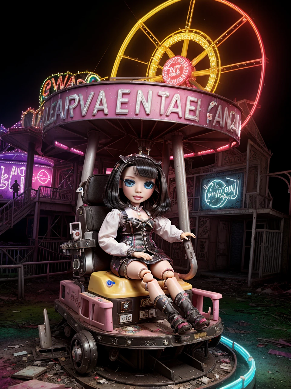 <lora:RainbowHigh:1> abandoned amusement park, rainbow high doll is enjoying a ride, naughty, looking at the viewer, naughty, dark atmosphere, intricate, 4k, tack sharp, nikon DSLR, master piece