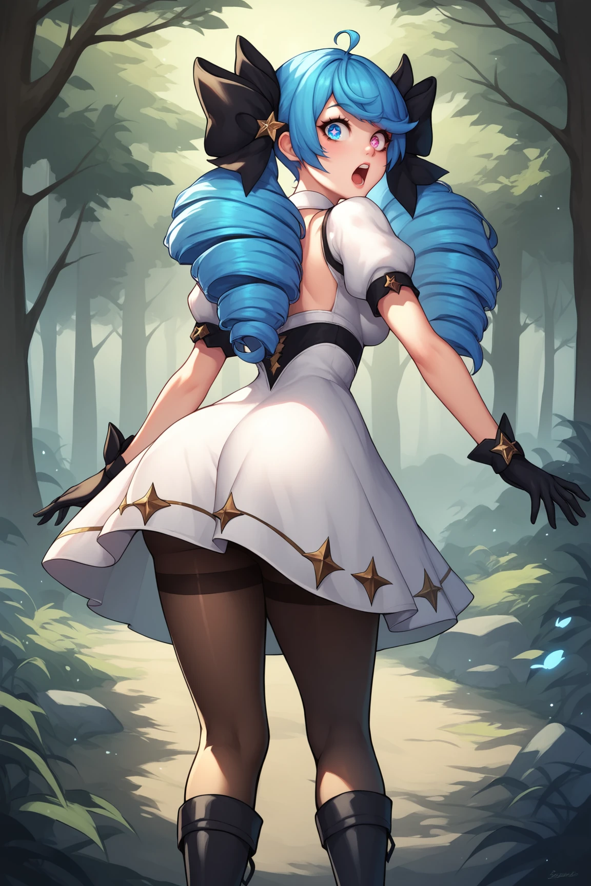 score_9, score_8_up, score_7_up, score_6_up, score_5_up, score_4_up, GwenLoLXL, (blue eye), heterochromia, symbol-shaped pupil, star (symbol), blue hair, drill hair, hair bow, black bow, trwin drills, twintails, long hair, bangs, ahoge, medium breasts, puffy short sleeves, white dress, black gloves, pantyhose, black boots, standing, from behind, focus ass, big ass, surprised, looking at viewer, forest, tree <lora:GwenLoLXL:0.7>