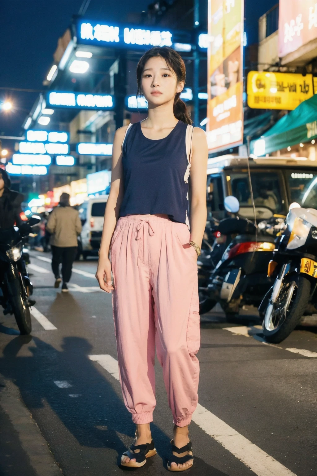 SeoYeji <lora:SeoYeji:0.9>, ,a woman wearing Lightweight vest and comfortable pants, street market, (silhouette lighting:0.5)