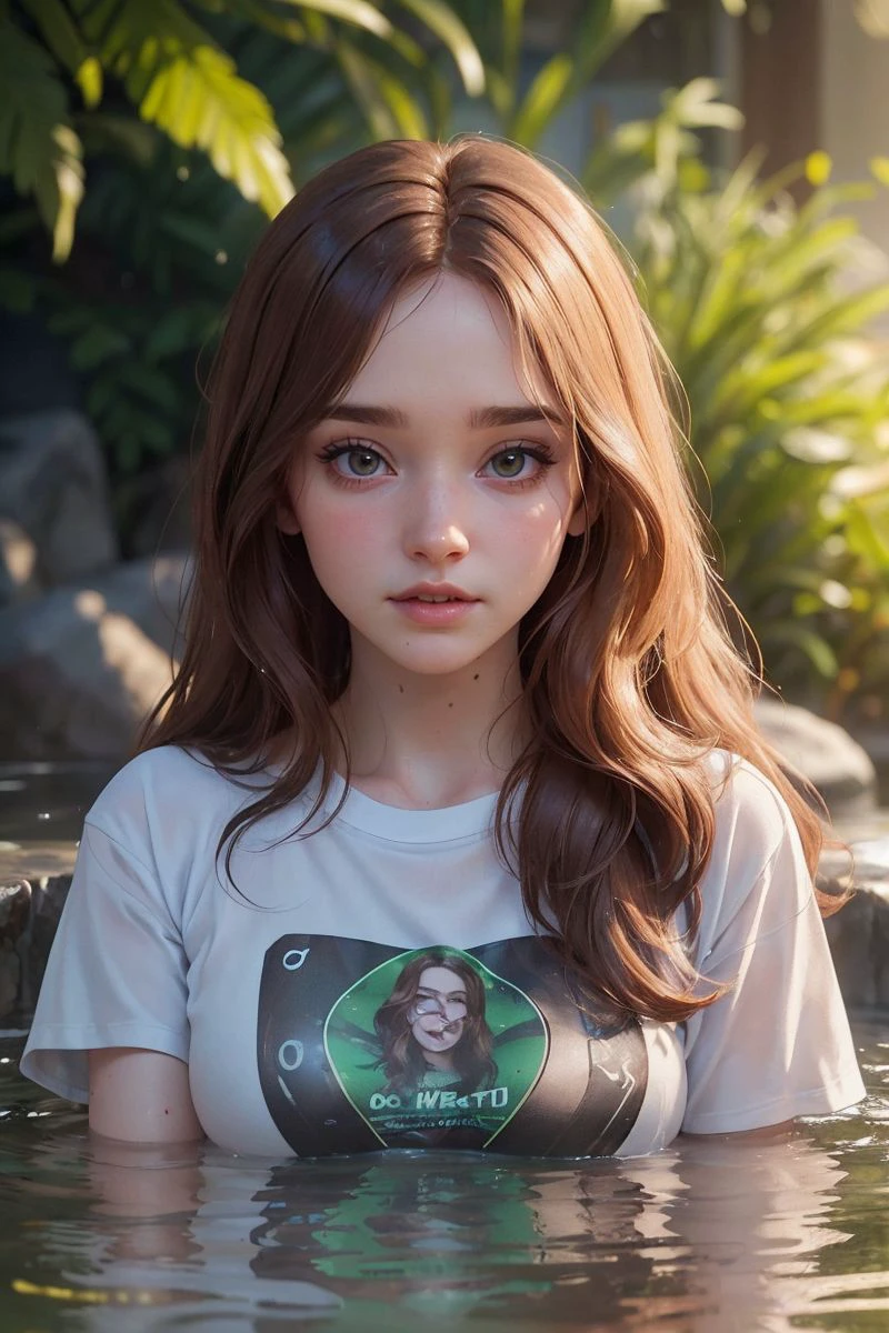 Beautiful redhead girl with brown eyes and long hair in sportswear walking in a park sunny, clear day photo shoot