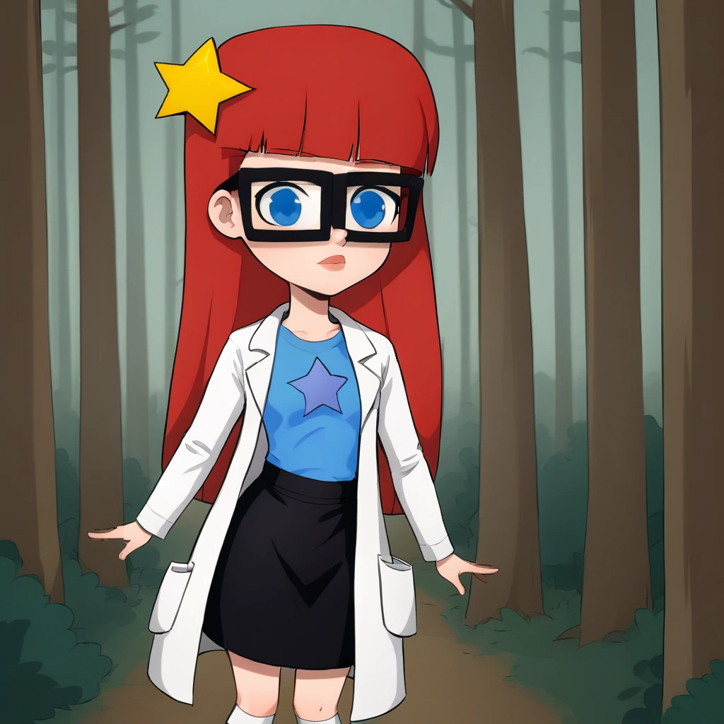source_cartoon, solo, 1girl, Susan, Red hair, long hair, blunt bangs , blue eyes, glasses, black skirt , blue t-shirt, star hair ornament, lab coat , long sleeves, Mary janes, white socks, <lora:SusanTest_LeafXL_3-10:1>, forest,