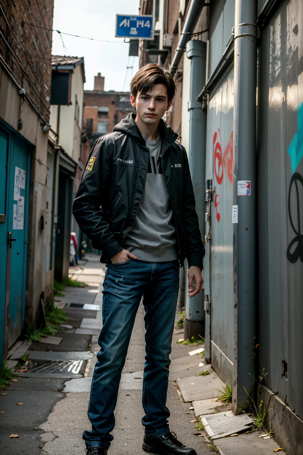 ((ultra detailed, masterpiece, absurdres))
 <lora:DBHConnor:0.8>
DBHConnor, 1boy, short hair, brown hair, standing in front of a graffiti-covered wall in a gritty urban alley