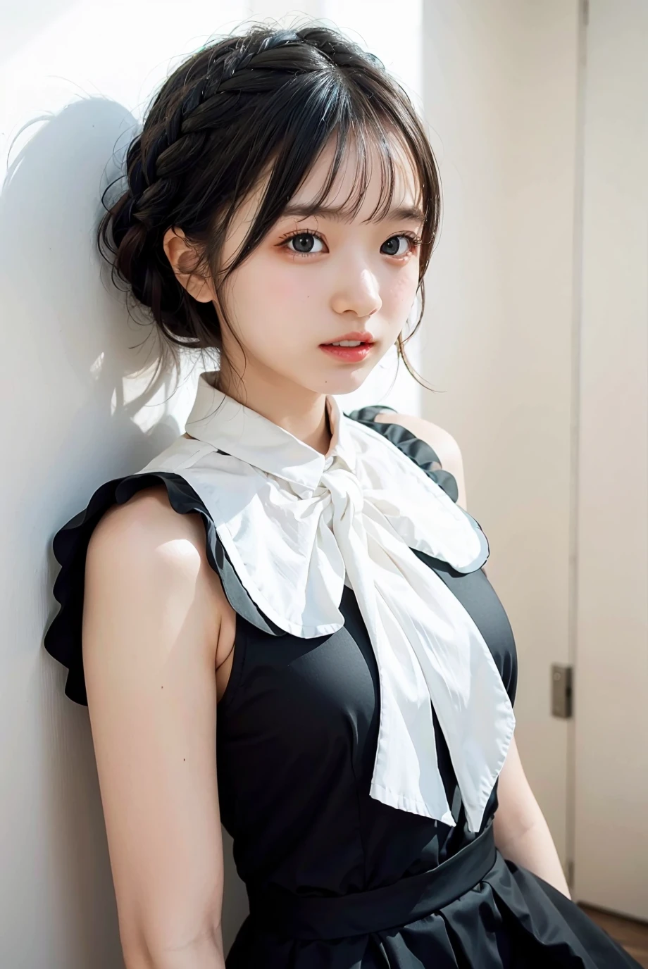 1girl, black random formal attire, white background, <lora:KatoYui_SKE48-02:1>