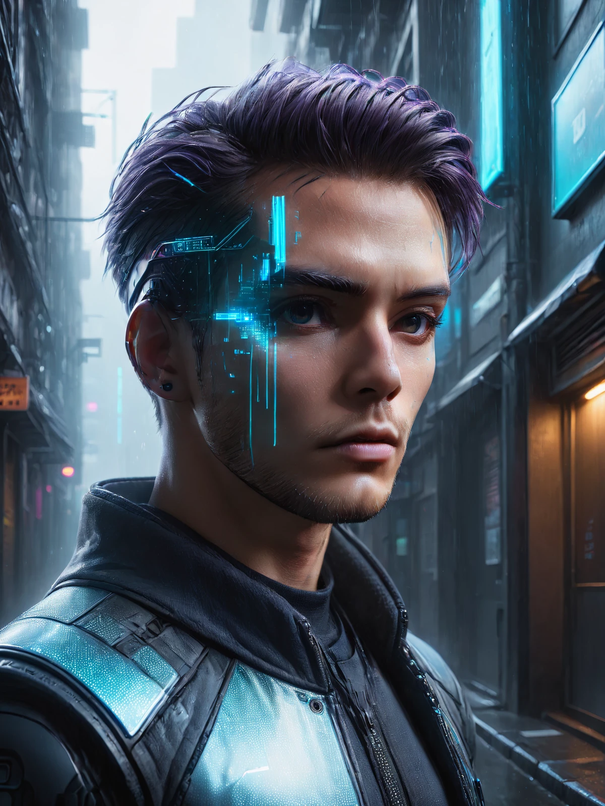man, mad-hdvrly, cyberpunk, (floating hologram:1.2), alley, haze, steam, rain, night, neon light <lora:Neon_Cyberpunk_Headoverlay_SDXL:1.2>, raw photo, film grain, Fujifilm XT3, (photorealistic, realistic:1.2), deep shadow, 8k, uhd, dslr, ultra high res