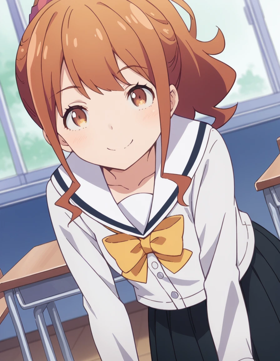 score_9, score_8_up, score_7_up, source_anime,
megumijinno, <lora:megumi-jinno-s1-ponyxl-lora-nochekaiser:1>,
megumi jinno, bangs, brown hair, hair ornament, brown eyes, ponytail, sidelocks, scrunchie, hair scrunchie,
skirt, shirt, long sleeves, bow, school uniform, collarbone, white shirt, serafuku, bowtie, black skirt, sailor collar, yellow bow, yellow bowtie,
indoors, classroom, bent over, smile,
solo, looking at viewer, cowboy shot, dutch angle,