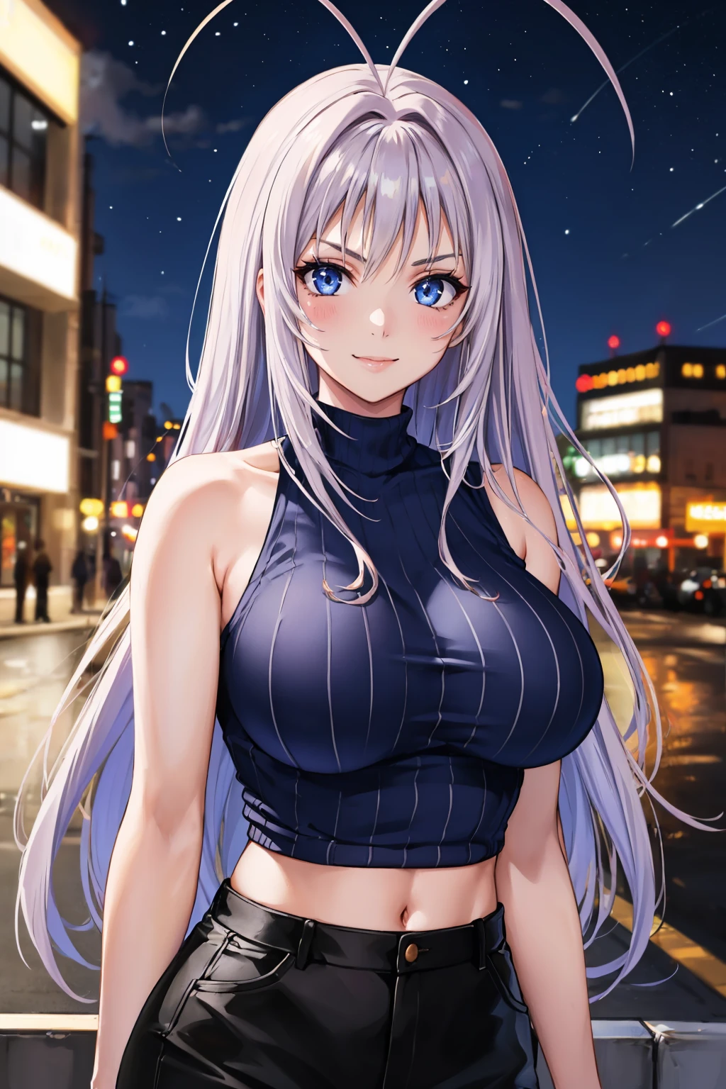 masterpiece, best quality, 1girl, <lora:natsumemaya-nvwls-v1-000009:0.9> natsumemaya, antenna hair, sleeveless turtleneck, navy blue sweater, midriff, black pants, large breasts, looking at viewer, furrowed brow, smile, upper body, city, night sky