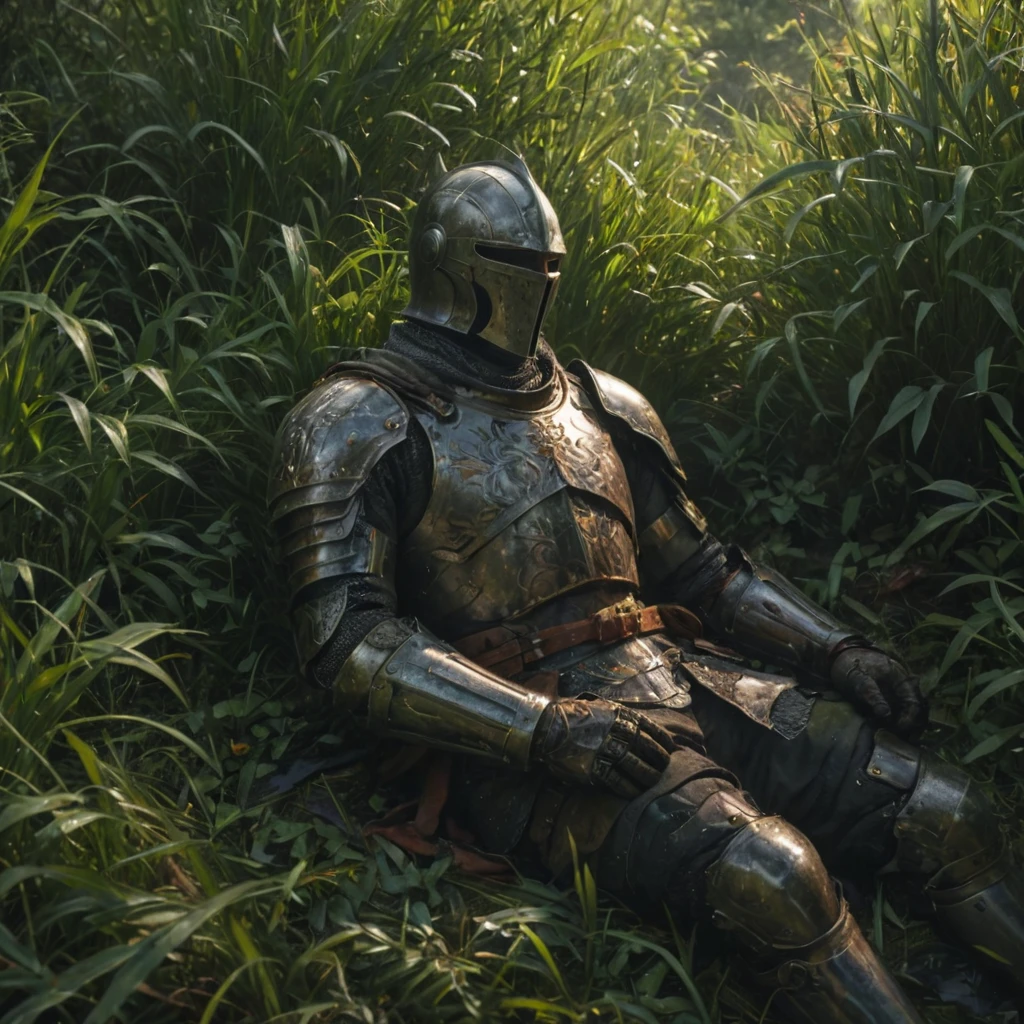 knight laying in tall green grass, resting after battle

, oil painting, done with japanese brush technique, realistic, extreme detail, dark and warm environment, 8k,

, cinematic lighting, volumetric lighting, Film grain, cinematic film still, shallow depth of field, highly detailed