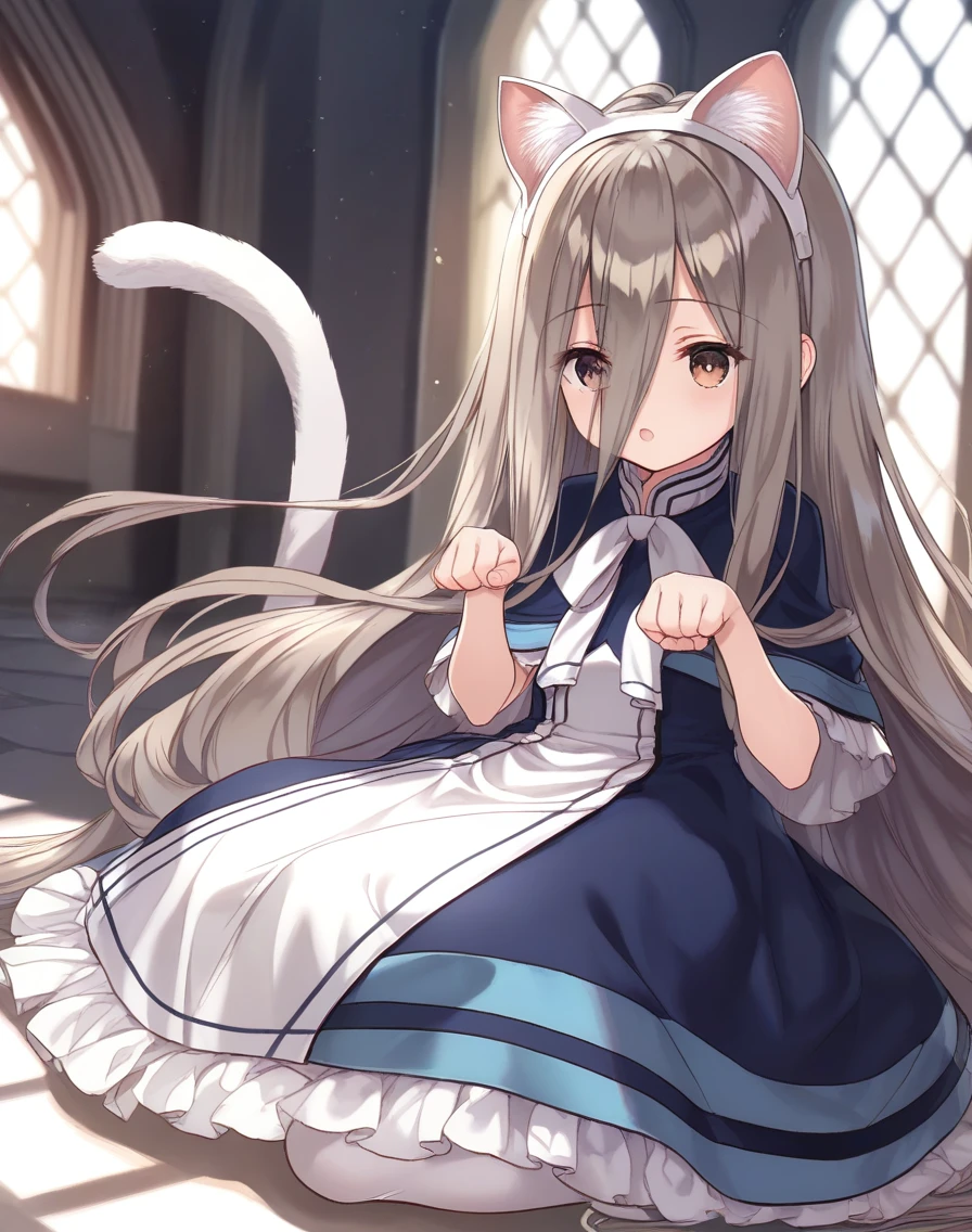 score_9, score_8_up, score_7_up,score_6_up,  1girl sitting on the floor, castle, window, sunlight, open mouth, paw pose, fake cat ears,
 <lora:boku_style_pony6_v1:1.2> <lora:sense_sousou no frieren_PONY_last:0.6> sense \(sousou no frieren\),brown eyes,very long hair,absurdly long hair,hair between eyes,eyes visible through hair, blue capelet,frilled dress,white long dress