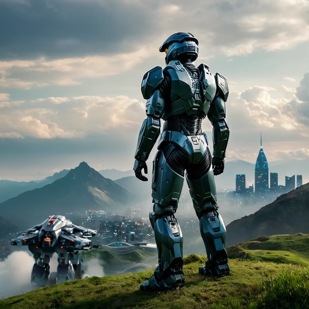 cinematic film still of  <lora:add-detail-xl:1>0
<lora:detailed:0.3>
<lora:perfection style:0.3>
<lora:xl_more_art-full_v1:0.3>
 <lora:halo style:0.9>
a man standing on a hill looking at a futuristic city,1boy,standing,outdoors,sky,day,cloud,blue sky,helmet,cloudy sky,grass,robot,scenery,mecha,science fiction,mountain,landscape , cinematic, filmic, dramatic light, sci fi, action themed, futuristic, halo style, shallow depth of field, vignette, highly detailed, high budget, bokeh, cinemascope, moody, epic, gorgeous, film grain, grainy