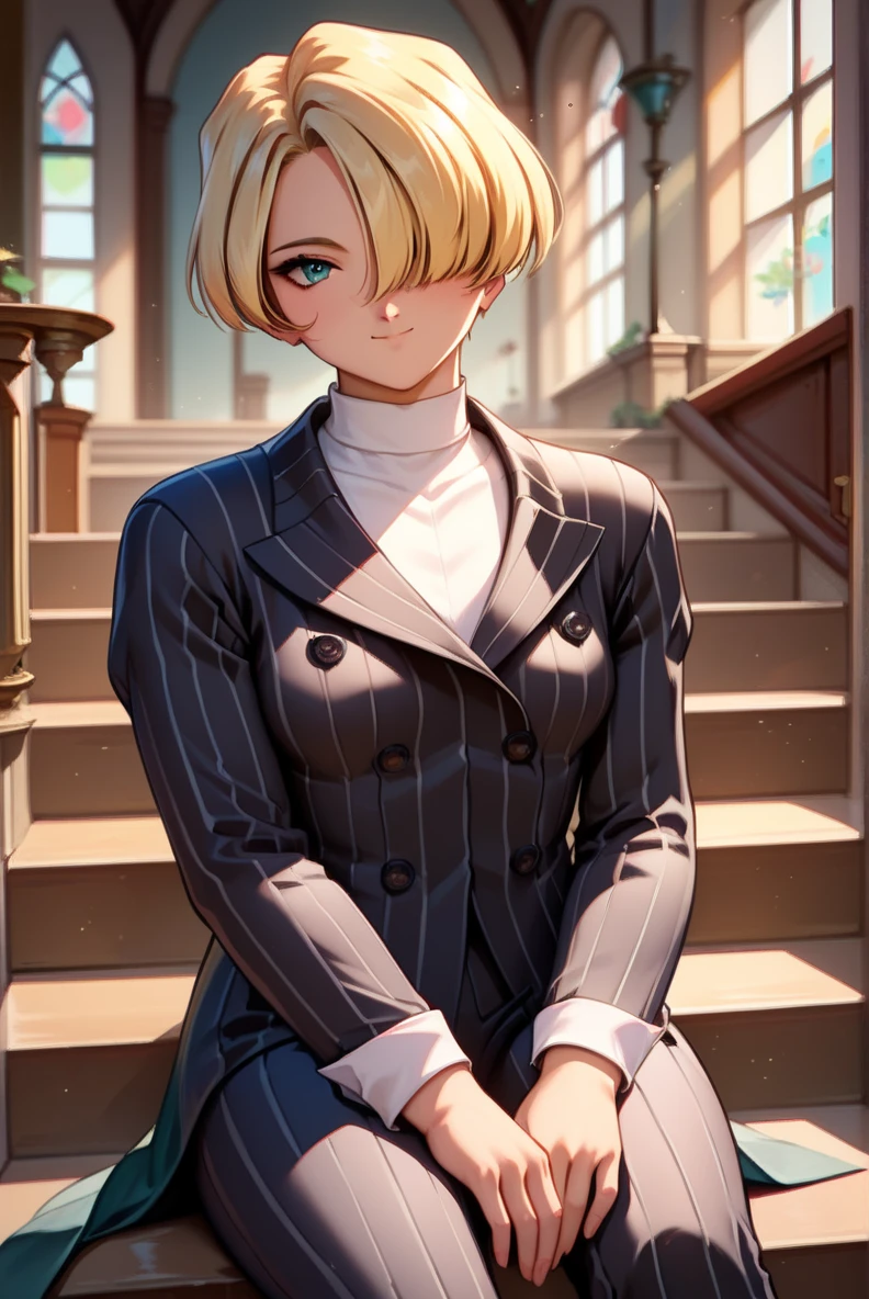 score_9, score_8_up, score_7_up, very aesthetic, source_anime, detailed, high quality, beautiful, masterpiece, detailed eyes,
indoor, stairs, light beams
<lora:lightXL:0.8>
sitting, looking at viewer, 
cowboy shot, upper body, 
<lora:Sakura Wars_XL_PONY_V2.1:0.8>
<lora:maria_autismConfetti_v02:0.9>mariabase, blonde hair, hair over eye, short hair, white turtle neck, black pinstripe suit, black button,
footwear,, zPDXL