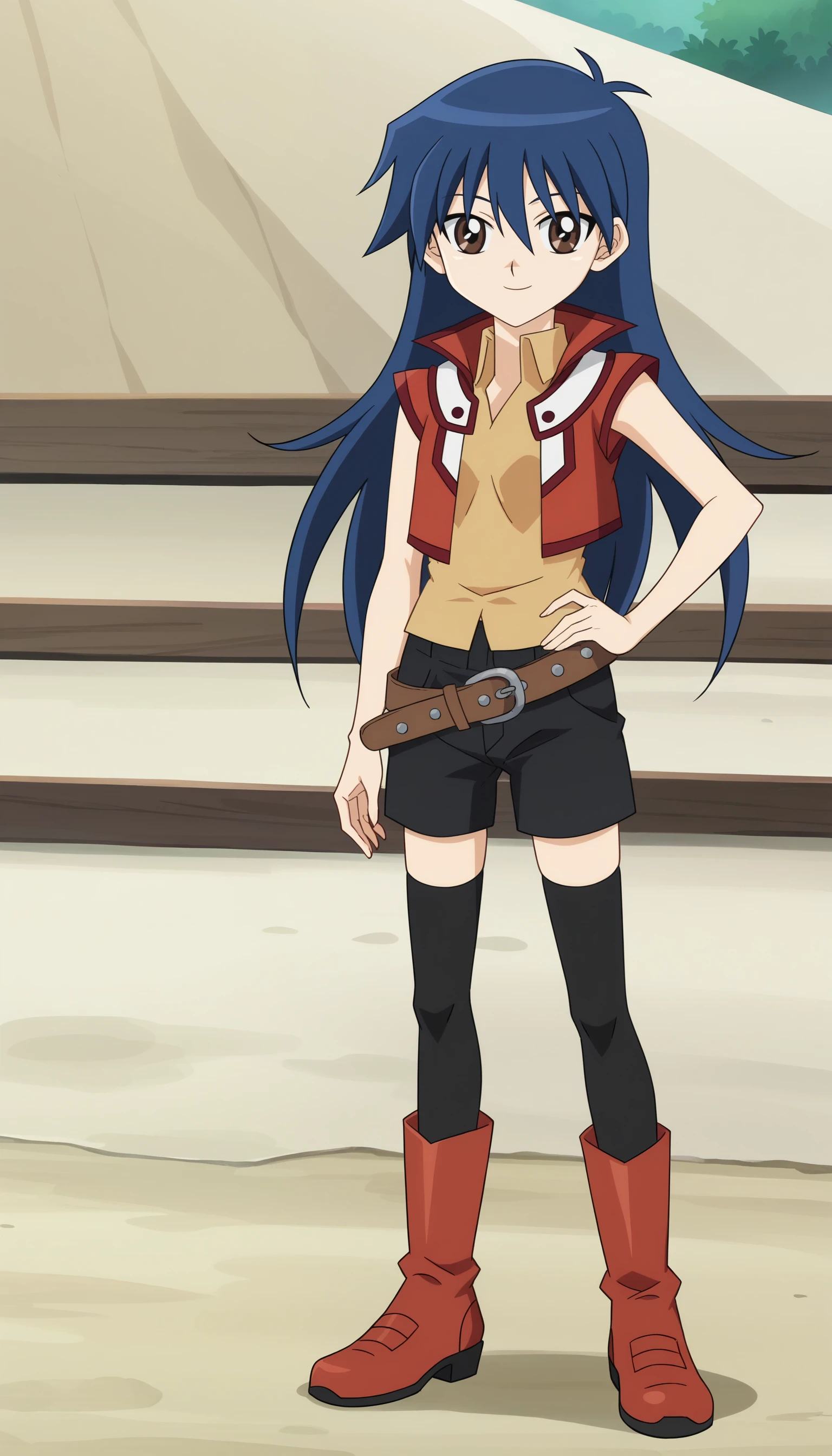 outdoors,
<lora:BlairSDXL_1:1>,blairf, 1girl,solo, long hair, blue hair, sleeveless jacket, sleeveless shirt, brown eyes, smile, brown belt, hair between eyes, looking at viewer, black thighhighs, standing, black shorts, full body, red footwear,, knee boots, hand on own hip, ,skinny,
anime screencap, anime coloring, official art,