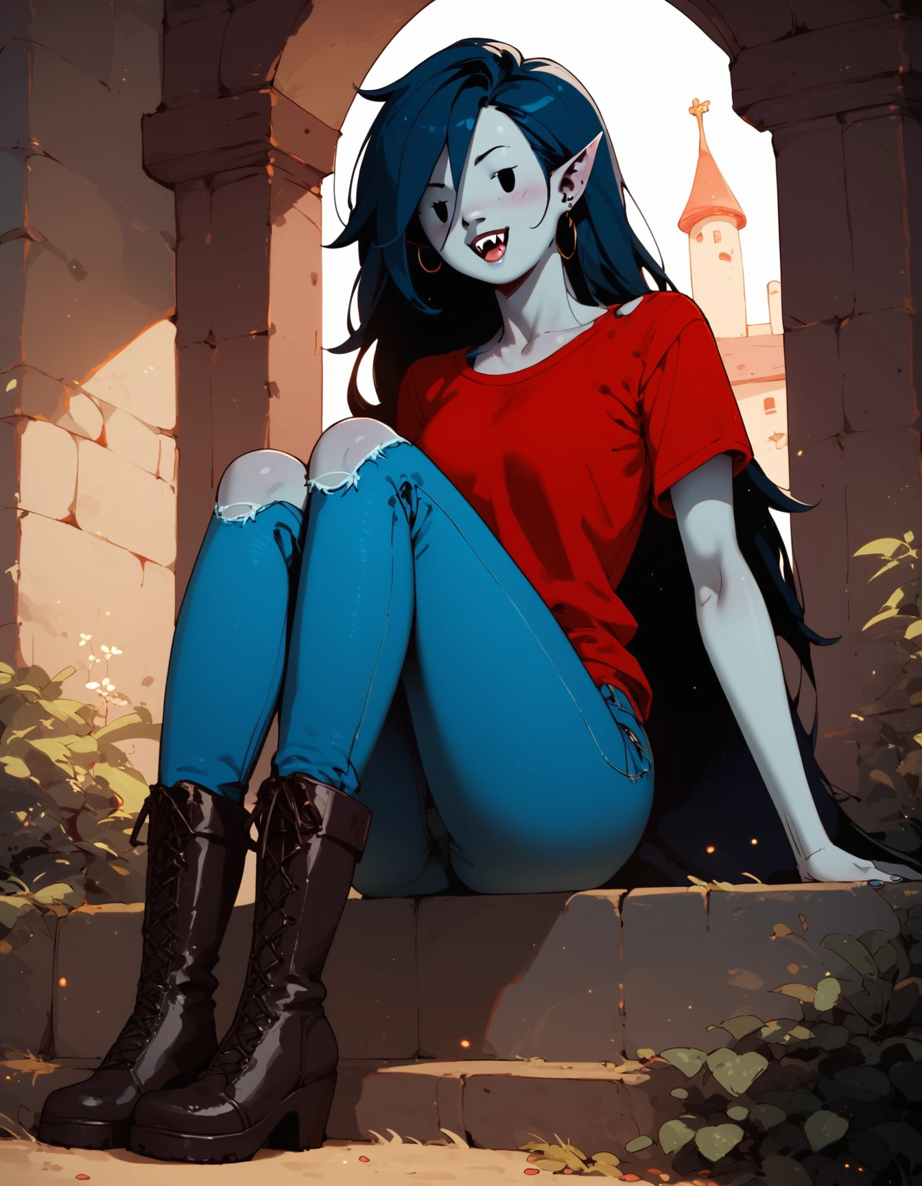 [score_9, score_8_up, score_7_up, score_6_up, score_5_up, score_4_up],source_cartoon,marceline from adventure time,grey skin,(flat cartoon), 1girl,vampire,[masterpiece], dot eyes,red top,blue jeans ,boots,vampir sharp teeth