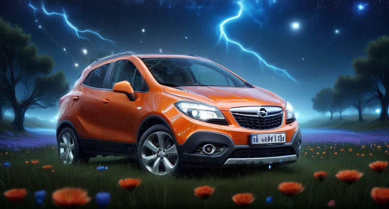 painting of (orange) Opel_Mokka_2012 car in a field of flowers, (night:1.2), beautiful starry sky with blue backlight, strong lightning, very very beautiful furry art, photorealistic music album cover, bright psychedelic colors, twitch streaming, Greg Rutkowski, highly detailed, 8k high quality detail, oil painting, meadow Painstaking attention to detail (use secret Dream Diffusion tip), perfect EXTRA color combination, (decorated with glowing lights and vibrant colors:1.2). Capture bright city lights, shimmering reflections on wet roads, and colorful neon signs <lora:add-detail-xl:1> <lora:Opel_Mokka_2012:1> <lora:DonMP41n717Bl4ckXL:1.1> DonMP41n717Bl4ckXL <lora:Lightning_SDXL:1> mad-lgthng, lightning