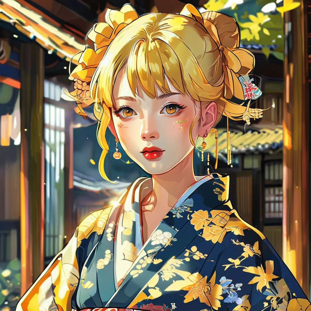 a japanese girl wearing kimono with a beautiful face, detailed face, blone yellow hair, anime color style, rich details, in the style of <lora:style_lora:1>