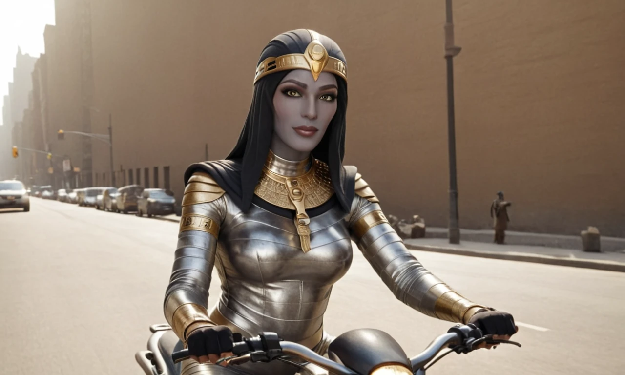 full body, Nefertina, cartoon, bandage wrap, grey skin, egyptian helm , riding a superbike, egypt mummy, wielding swords, new york city background
