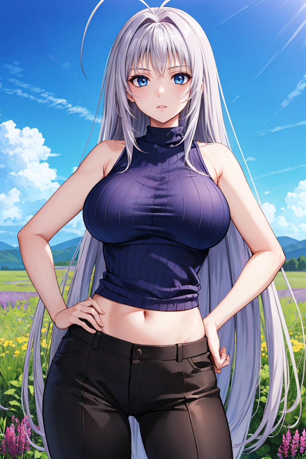 masterpiece, best quality, 1girl, <lora:natsumemaya-nvwls-v1-000009:0.9> natsumemaya, blue eyes, lavender hair, antenna hair, very long hair, sleeveless turtleneck, navy blue sweater, midriff, black pants, large breasts, hand on hip, holding sword, blue sky, field