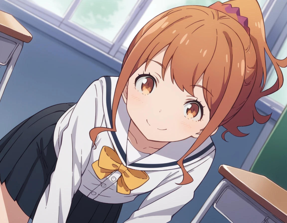 score_9, score_8_up, score_7_up, source_anime,
megumijinno, <lora:megumi-jinno-s1-ponyxl-lora-nochekaiser:1>,
megumi jinno, bangs, brown hair, hair ornament, brown eyes, ponytail, sidelocks, scrunchie, hair scrunchie,
skirt, shirt, long sleeves, bow, school uniform, collarbone, white shirt, serafuku, bowtie, black skirt, sailor collar, yellow bow, yellow bowtie,
indoors, classroom, bent over, smile,
solo, looking at viewer, cowboy shot, dutch angle,