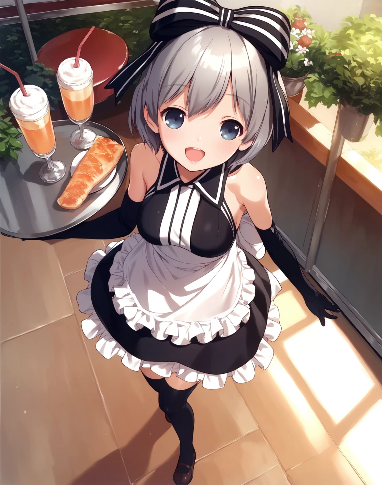 score_9, score_8_up, score_7_up,score_6_up,  1girl in a cafe, open mouth, holding tray, smile, dutch angle, short hair, black thighhighs, striped clothes, black elbow gloves, blush, apron, bow, skirt, maid, ribbon, dress, bare shoulders, hair bow,  medium breasts, from above, looking away, <lora:boku_style_pony6_v1:1>