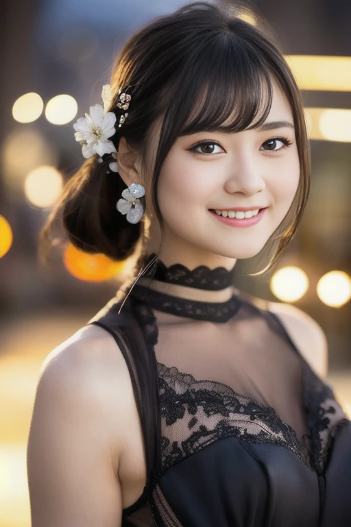 1girl,(RAW photo, best quality), (realistic, photo-realistic:1.4), masterpiece, an extremely delicate and beautiful, extremely detailed, 2k wallpaper, Amazing, finely detail, extremely detailed CG unity 8k wallpaper, ultra-detailed, highres, soft light, beautiful detailed girl, extremely detailed eyes and face, beautiful detailed nose, beautiful detailed eyes,cinematic lighting,perfect anatomy,
(cabaret dress:1.3), bokeh, close up,
(at a night downtown:1.3),looking at viewer, young japanaese idol,(hands behind back:1.2),
(smile:1.4), <lora:tachibanamirai_lora-v2_01:0.9>
