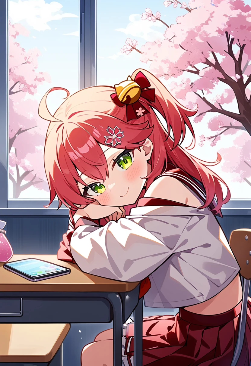1girl, sakura miko, hololive, book, bow, cellphone, cherry blossoms, closed mouth, desk, from side, hair bow, hand up, head on hand, head rest, head tilt, indoors, jacket, jacket partially removed, leaning forward, light blush, looking at viewer, looking to the side, one side up, phone, school desk, school uniform, serafuku, sitting, smartphone, smile, solo, tree, window,
masterpiece, best quality, very aesthetic, absurdres,