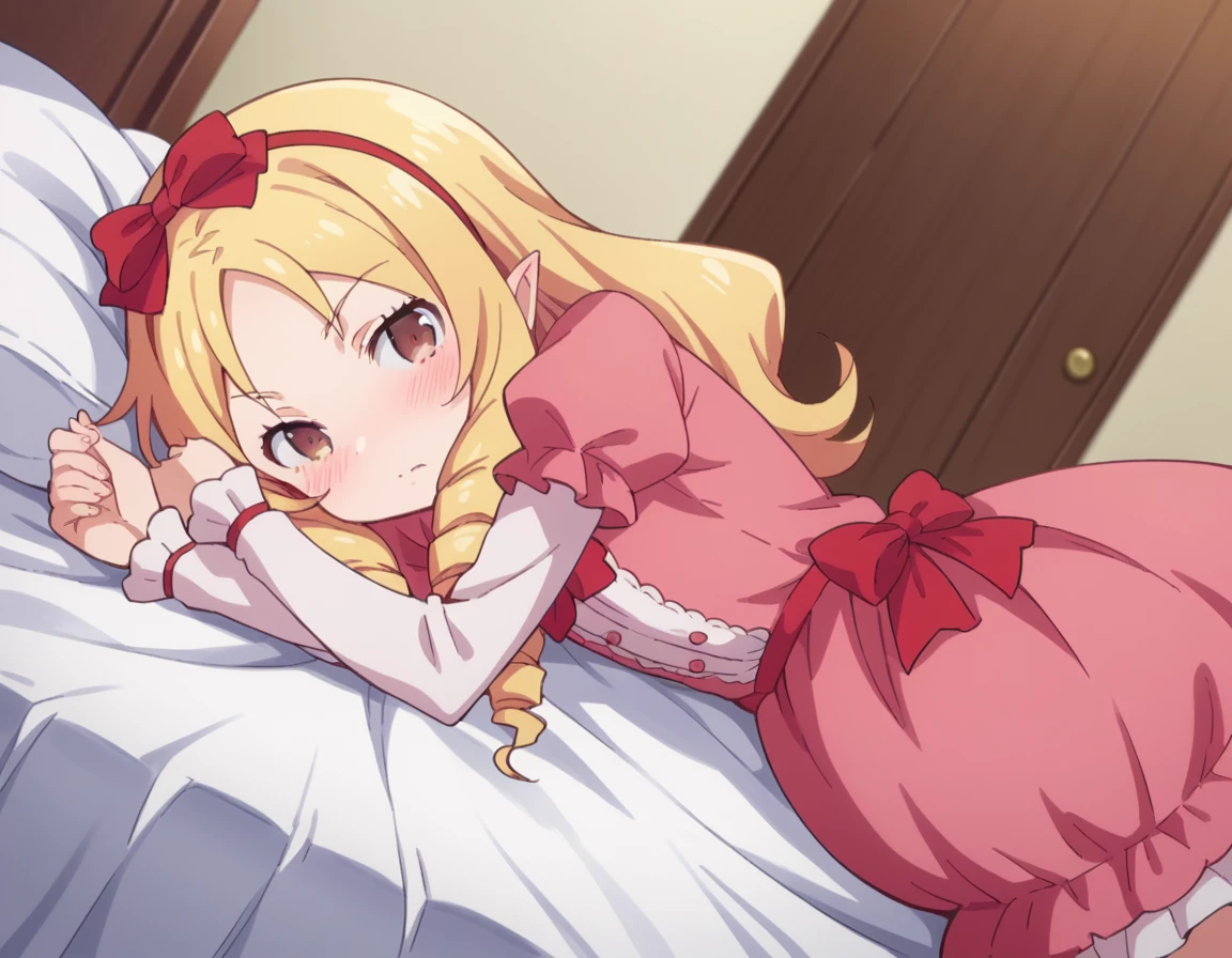 score_9, score_8_up, score_7_up, source_anime,
elfyamada, <lora:elf-yamada-s1-ponyxl-lora-nochekaiser:1>,
elf yamada, long hair, blonde hair, brown eyes, hair bow, hairband, pointy ears, drill hair, twin drills, red bow,
dress, frills, pink dress,
indoors, bed, bed room, on side, blush, drunk,
solo, looking at viewer, cowboy shot, dutch angle,