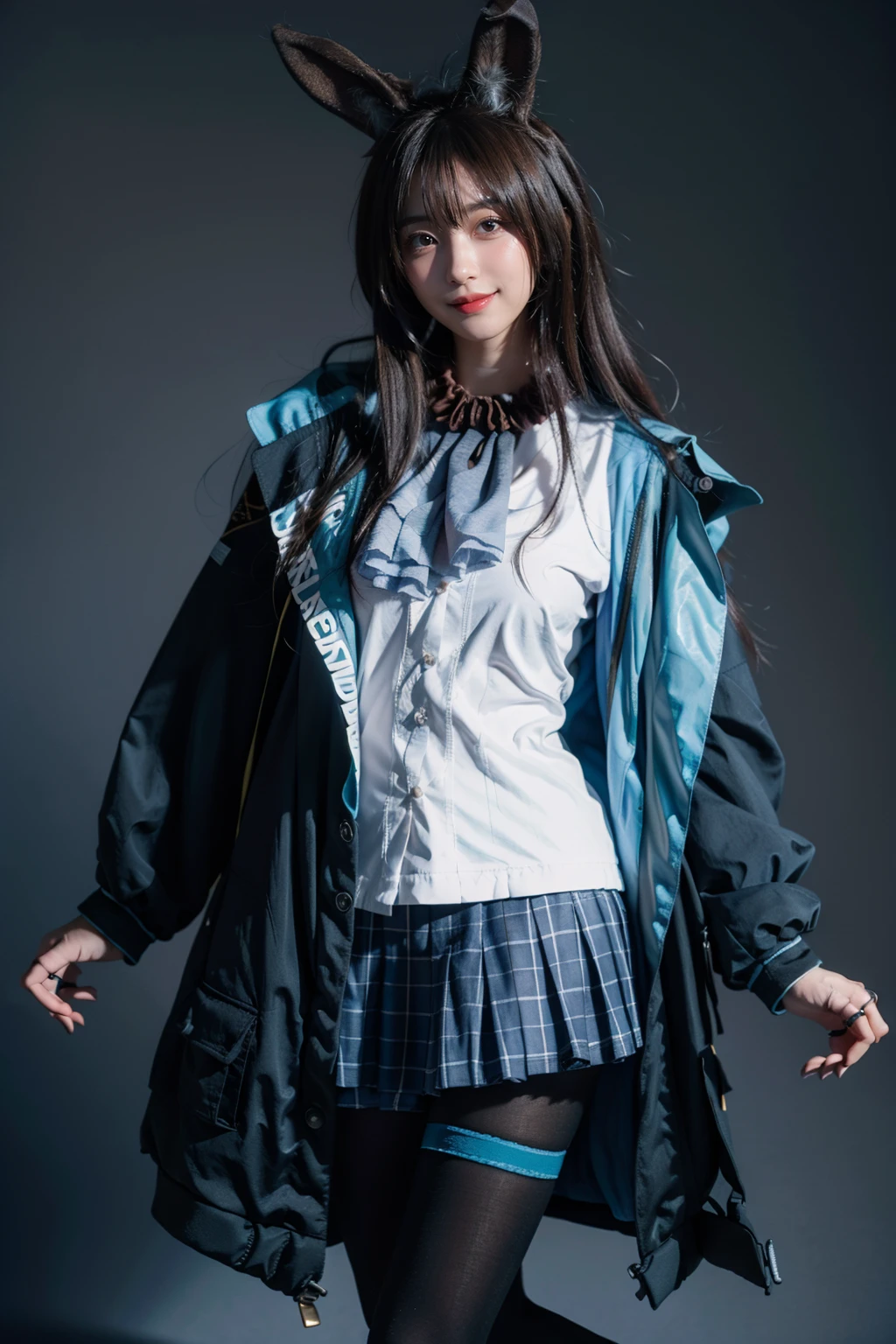 best quality,masterpiece,realistic,photorealistic,1girl,solo,looking at viewer,smile,standing,cowboy shot,amiya cosplay costume,amiya,arknights,cosplay,long hair,brown hair,hair between eyes,rabbit ears,shirt,plaid skirt,pleated skirt,hooded jacket,coat,long sleeves,clothes writing,frilled ascot,anklet,thighlet,multiple rings,pantyhose,black pantyhose,simple grey background,<lora:Arknights_Amiya_cosplay_v1:0.7>,<lora:_face_8:1>,