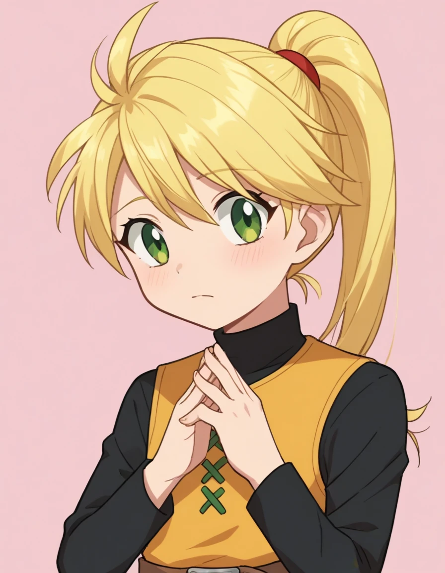 score_9, score_8_up, score_7_up, score_6_up, score_5_up, score_4_up, BREAK source_anime, anime screencap, <lora:YellowXL-10:1> YellowXL, 1girl, solo, looking at viewer, simple background, shirt, long sleeves, hair between eyes, closed mouth, green eyes, upper body, belt, hands up, pink background, own hands together, brown belt, steepled fingers