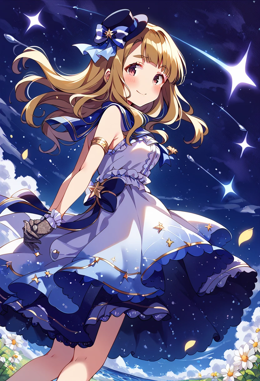 score_9, score_8_up, score_7_up, source_anime BREAK
miyao miya, ciel etoile, 1girl, solo, long hair, smile, brown hair, star \(sky\), shooting star, blush, starry sky, looking at viewer, star \(symbol\), night, lace gloves, night sky, armlet, petals, white flower, frills, closed mouth, mini hat, arms behind back, hat bow, standing, pink eyes, eyebrows visible through hair, looking back, red eyes, tilted headwear, purple skirt, white shirt, floating hair, lace, blue headwear, frilled skirt, capelet, outdoors, brown eyes, own hands together, fishnet gloves, jewelry, interlocked fingers, from side, frilled dress, falling star, top hat, from below, blue bow, feet out of frame, hat ribbon, sleeveless shirt, blue skirt, sleeveless dress, petticoat, print gloves, skirt hold, from behind, looking to the side, sparkle, striped bow, thighs, purple eyes, mini top hat, wind, purple dress, white gloves, armband, bare legs, layered dress, bare shoulders, leaning forward, lace trim, star print, shiny, starry background, layered skirt, dutch angle, shiny hair, own hands clasped, cowboy shot, blonde hair, black gloves, medium breasts, asymmetrical gloves, walking, daisy, bracelet, constellation print, blue dress, light brown hair, beret, hair bow, constellation, blue ribbon, bare arms, small breasts, grey gloves, blue sky, sidelocks, thick eyebrows, black headwear, blunt bangs, striped ribbon, milky way, comet, clothes lift, kneepits, blue sailor collar, cape, frilled gloves, blue capelet, sleeveless blouse, parted bangs, ship's wheel, arm strap, uneven gloves, purple bow, white dress, flower field, falling petals, multicolored dress, print dress, gem, star ornament, star hat ornament, starry sky print
<lora:miyao_miya_sdxl_locon_pony_v1:0.7>