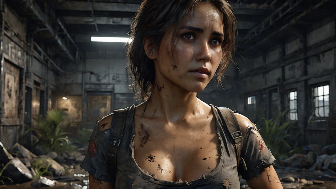 an illustrated award-winning upper body portrait of a young Hawaiian female, Human, Survivor, Alive, solo, 1girl, dirty and gritty, post-apocalyptic, ultra realistic Environmental, nsfw, medium breasts, toned body, ripped shirt, black shirt, messy hair, perfect face, ray tracing, realistic, depth of field, subsurface scattering, cleavage, highly detailed, harsh lighting, cinematic lighting, detailed skin, detailed eyes, Brown detailed hair, masterpiece, best quality, ultra-detailed, high res, realistic lighting, 