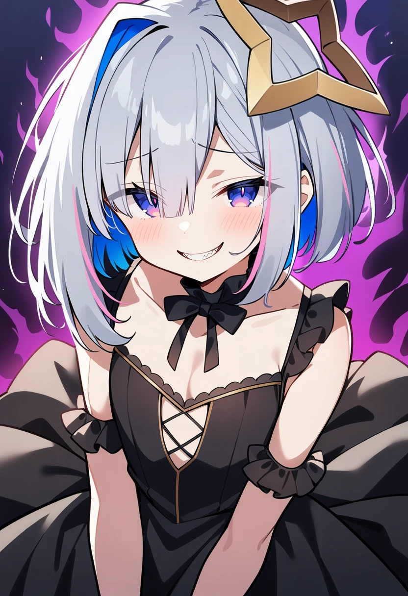 1girl, solo, amane kanata,
short hair, silver hair, blue eyes, flat chest, black dress, frills, cleavage, evil smile,
aura,
masterpiece, best quality, very aesthetic, absurdres,