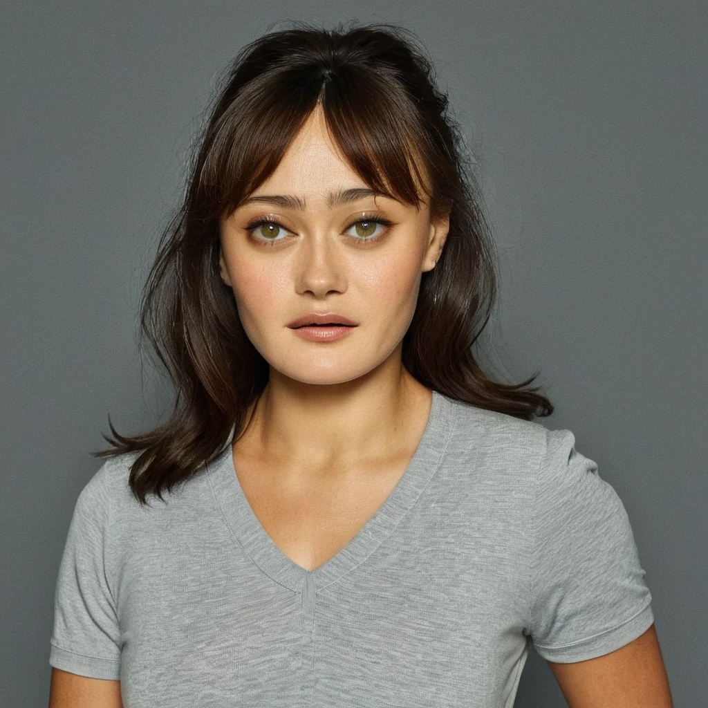 ella purnell, v-neck, grey background, cinematic, portrait, high-definition <lora:ella_purnell_xl_stoken_240520_bs8-000060:1>