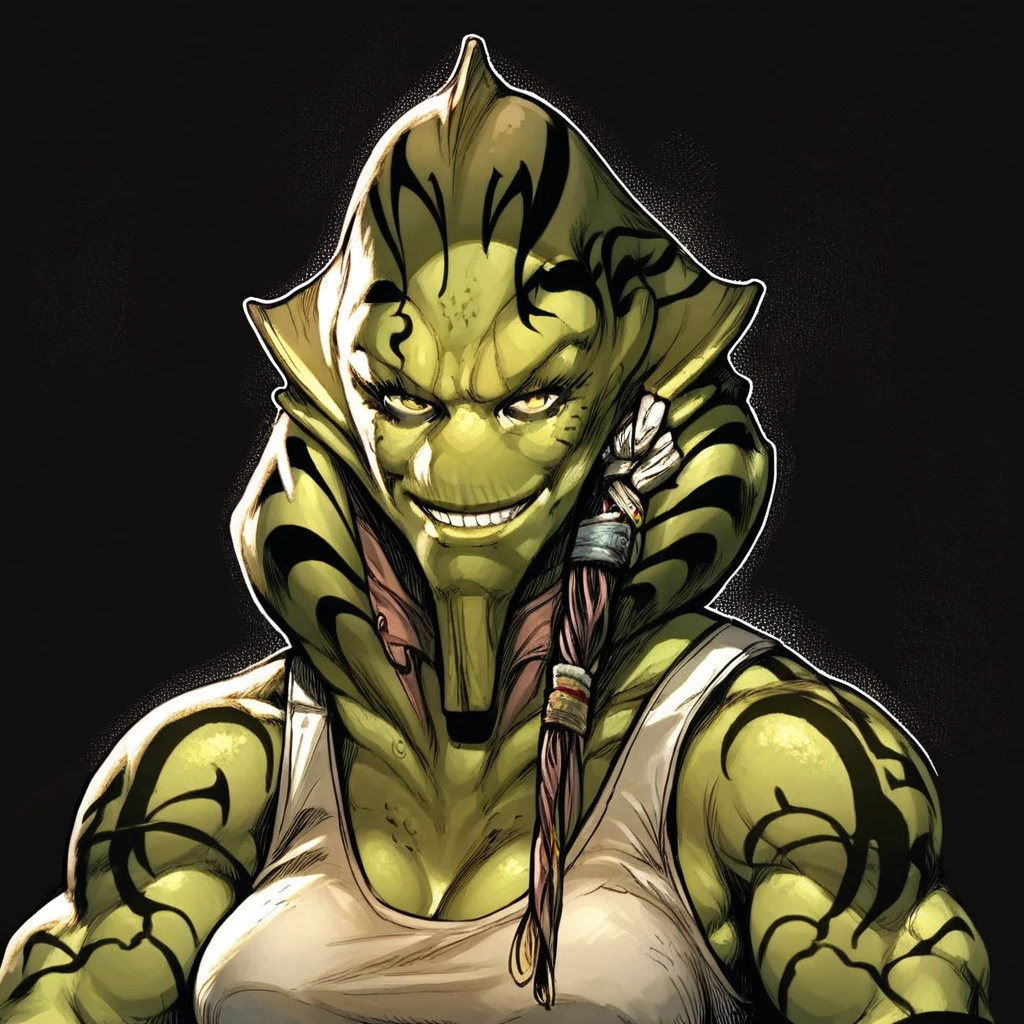 score_9, score_8_up, score_7_up BREAK Kalleran, alien, Star Wars, yellow, muscular female, skin, tattoo, 1girl, solo, tanktop, smile,