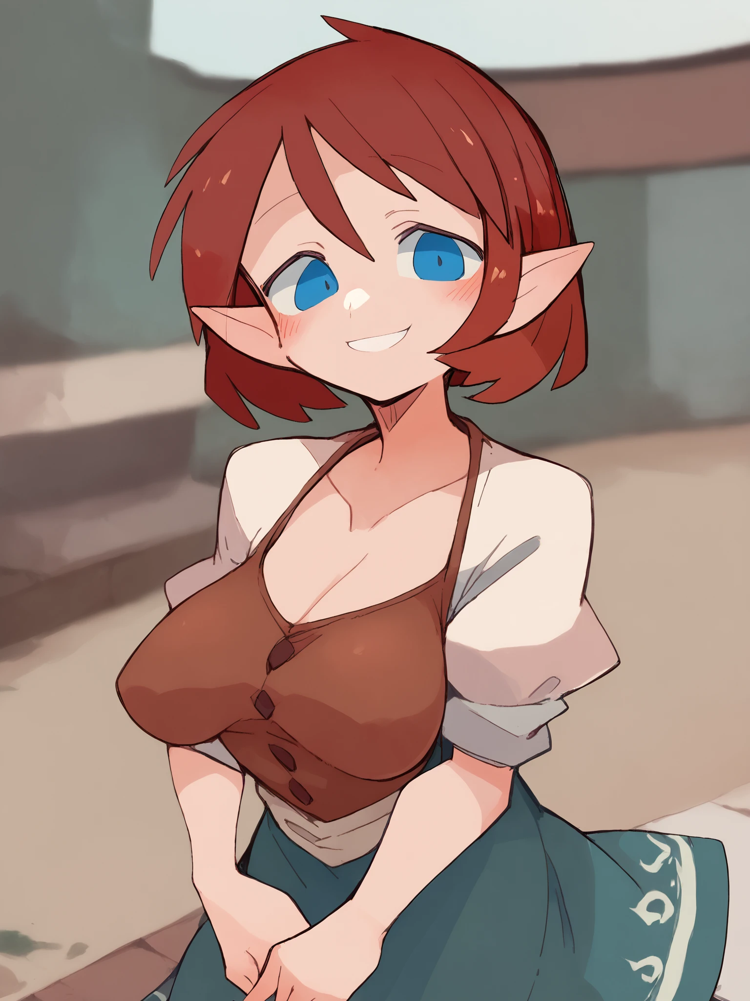 score_9, score_8_up,sharp focus,,  absurdres, highres, illustration, depth of field, outdoors, anjuxl, 1girl, solo, breasts, looking at viewer, blush, smile, short hair, blue eyes, skirt, large breasts,  dress, collarbone, red hair, pointy ears,  <lora:anjuxl:1>  <lora:massakasama_pony_v1:1>