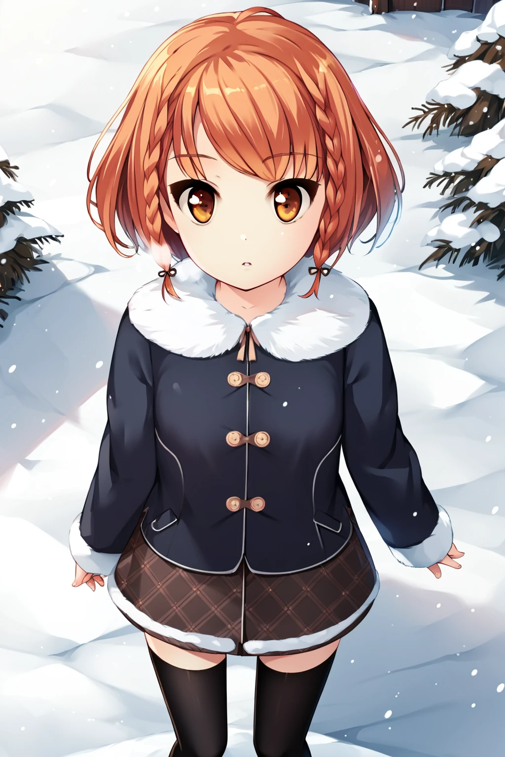 score_9, score_8_up, score_7_up, score_6_up, rating_questionable, source_anime, best quality, masterpiece, detailed background, (cowboy shot), outside, snow, visible breath, parted lips, round mouth, looking up, from above view, <lora:kusakabe-korona-xl-04:1>, kusakabe korona, small breasts, blue korona winter outfit, gray korona school skirt, black thighhighs, zettai ryouiki