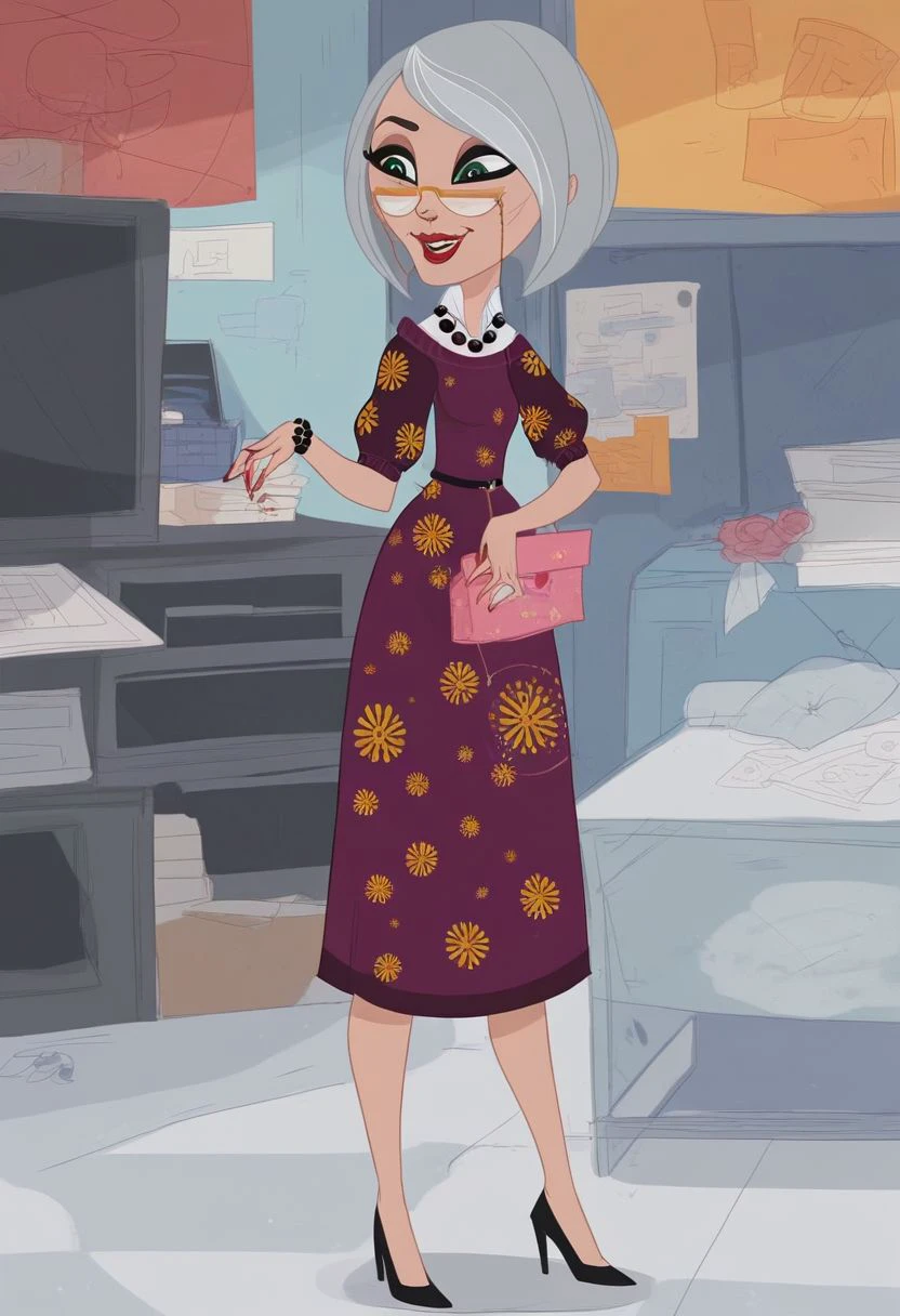 score_9_up, score_8_up, score_7_up, score_6_up, score_5_up, score_4_up, anna_twombly, solo, 1girl, glasses, makeup, jewelry, purple dress, necklace, lipstick, mole, high heels, smile, in a petshop, (realistic), (painted art)