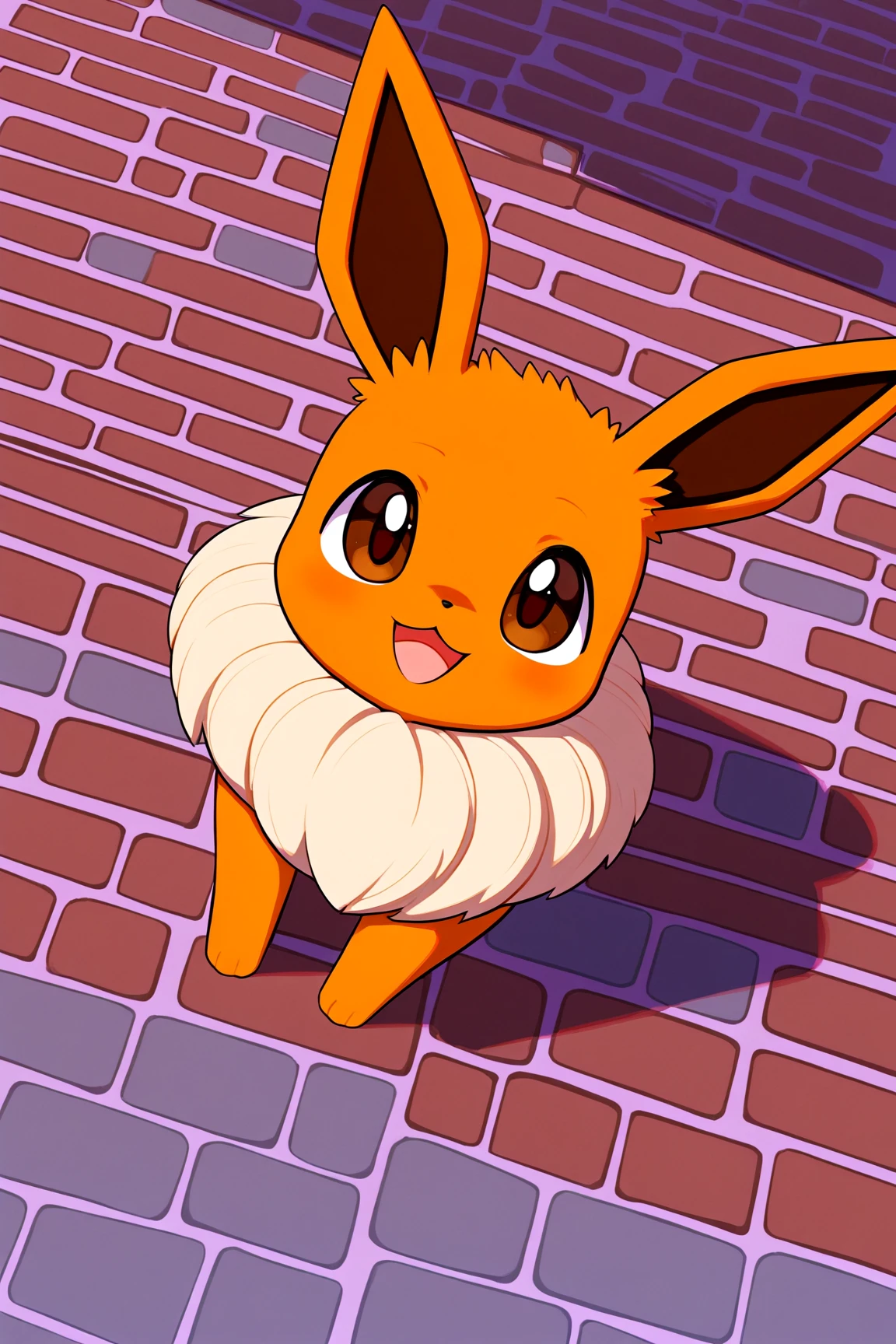 pokemon (creature), no humans, eevee, solo, open mouth, smile, looking at viewer, from above, signature, brick floor, :3, full body, looking up, :d, animal focus, fluffy, brown eyes, standing
