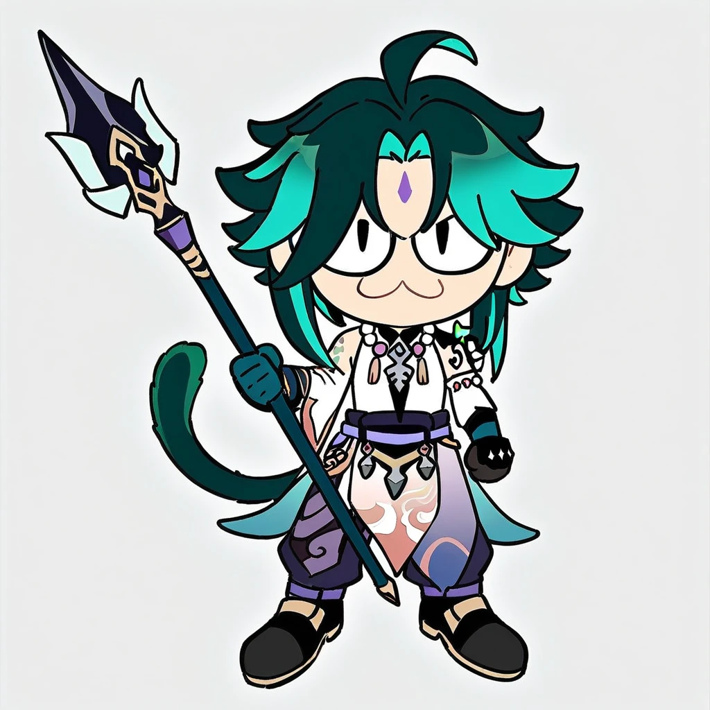 neco-arc, chibi, :3, tail, (masterpiece),(best quality),1boy, solo, xiao \(genshin impact\), weapon, male focus, necklace, polearm, white background, jewelry, holding weapon, simple background, holding, smile, multicolored hair, bead necklace, green hair, full body, gloves, holding polearm, spear, asymmetrical clothes, tattoo, beads, ahoge, standing, closed mouth, bangs, detached sleeves, looking at viewer, facial mark, arm guards