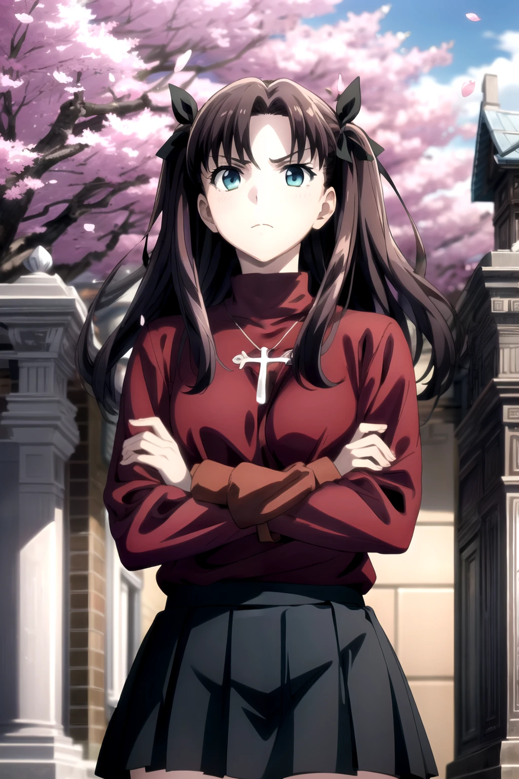 1girl, (masterpiece), (high resolution), (8K), (extremely detailed), (4k), (pixiv), perfect face, nice eyes and face, (best quality), (super detailed), detailed face and eyes, (solo), textured skin, absurdres, highres, <lora:more_details:0.4> <lora:Fine_Anime_Screencap-V2:1> fine anime screencap, anime screencap, <lora:tohsaka_scarxzys:0.7> rin, blue eyes, brown hair, long hair, two side up, parted bangs, black hair ribbon, red sweater, long sleeves, turtleneck, cross print, black skirt, pleated skirt, miniskirt, black thighhighs, crossed arms, looking at viewer, outdoors, cherry blossoms, tree, serious, from below, window, cowboy shot, <lora:sd_v15_dpo_lora_v1:1>