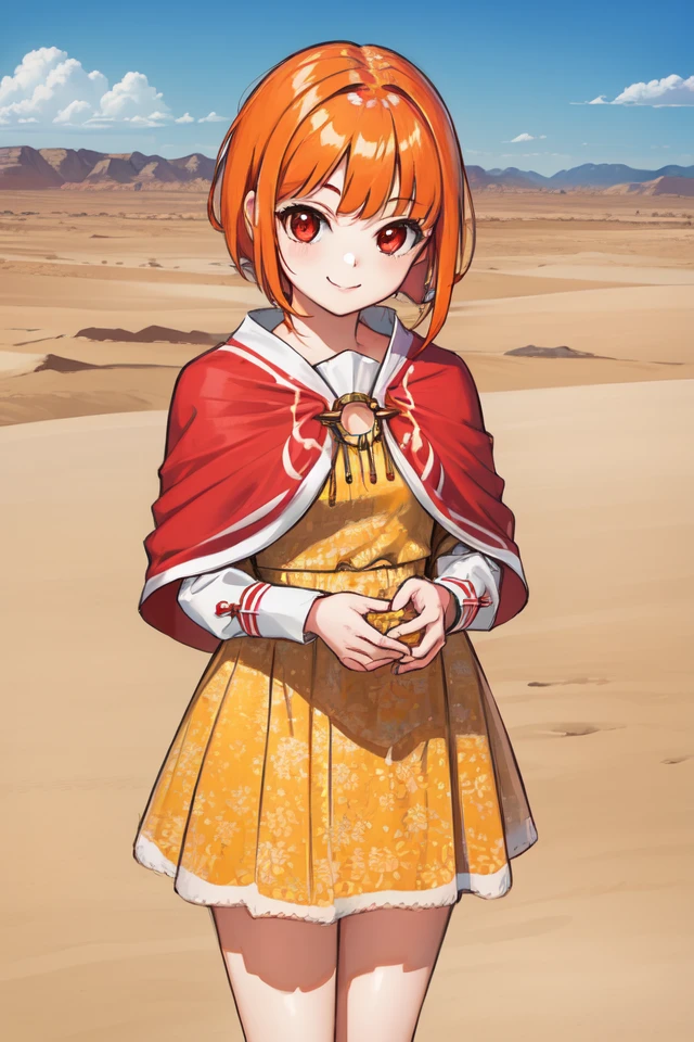 1 girl, outdoors, desert, standing, smile,
<lora:Azure_Dreams_-_Fur:0.5> azurefur, orange hair, red eyes, short hair, bangs
red capelet, yellow dress, (hoop skirt),