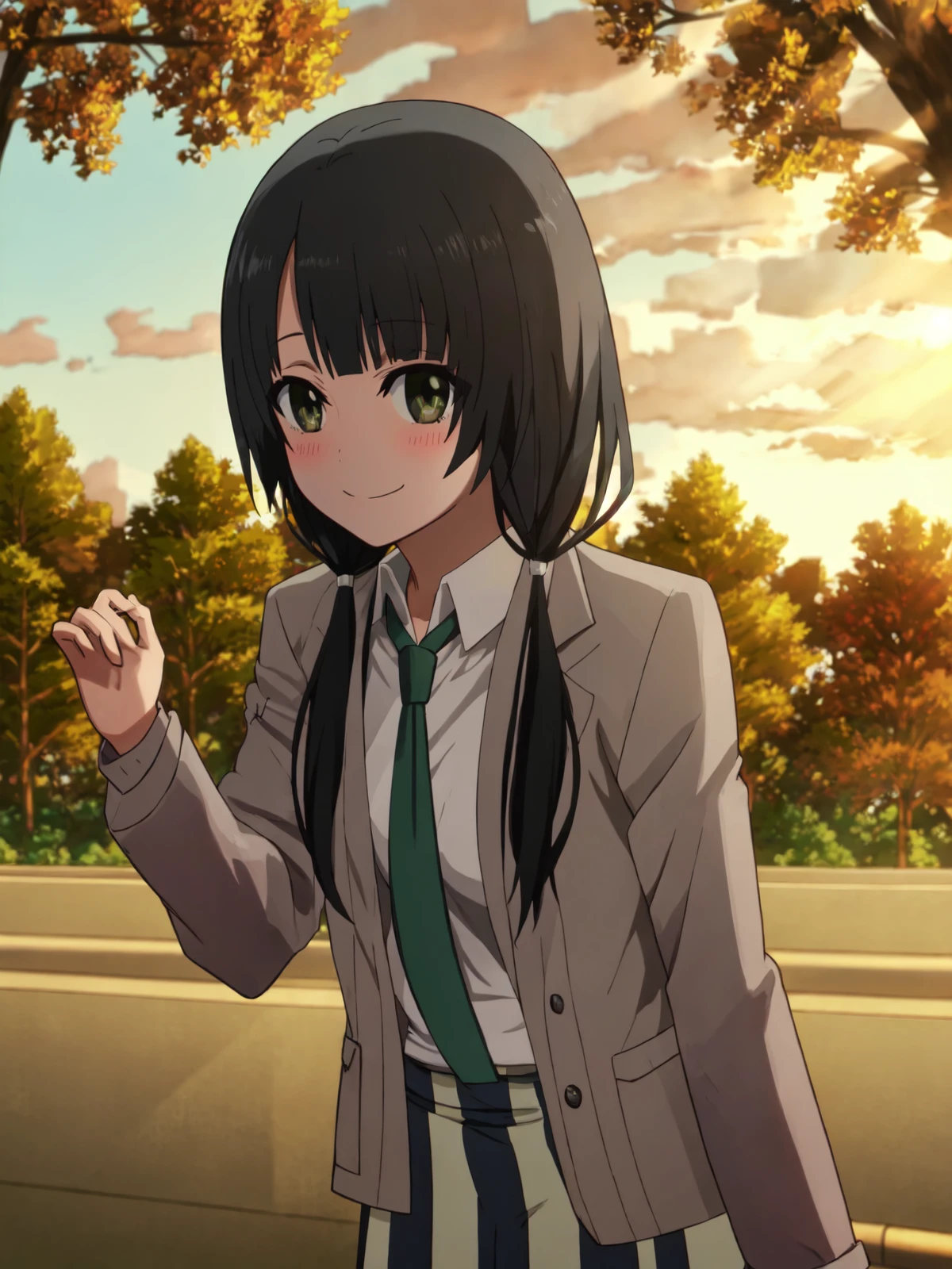 SLE, mksks style, detailed background SLE, mksks style, detailed background absurdres, highres, cowboy shot, solo, 1girl, <lora:Ema Yasuhara (SHIROBAKO):1>, ema yasuhara, anime 1, standing, smile, looking at viewer, blush, park, outdoors, trees, blue sky, clouds, sunlight