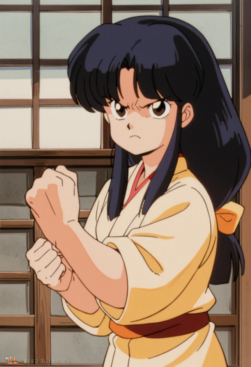 1girl, solo, tendoakane,dougi, retro artstyle, long hair, bangs, sidelocks, upper body, indoors, closed mouth, window, sliding doors, kimono, shouji, low-tied long hair, frown, clenched hand, serious, fighting stance, clenched hands,<lora:akane tendo_xl_v2:0.7>,