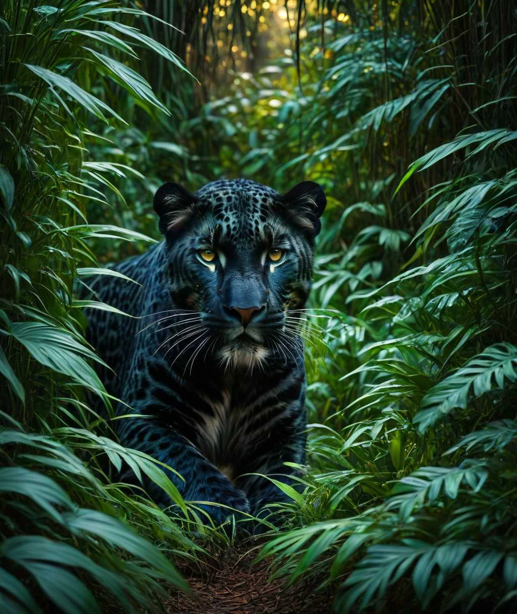 nature shot with wide shot of a dark jungle scene,face of a black-leopard hiding between the bushes,hunting,nightfall,dimmly lit,intense gaze,tension,perfect composition,masterpiece,best qualit ,ziprealism. Outdoors,greenery,natural light,fresh,vivid contrast,vivid color,Hyperrealistic art cinematic film still photography in the style of detailed hyperrealism photoshoot,