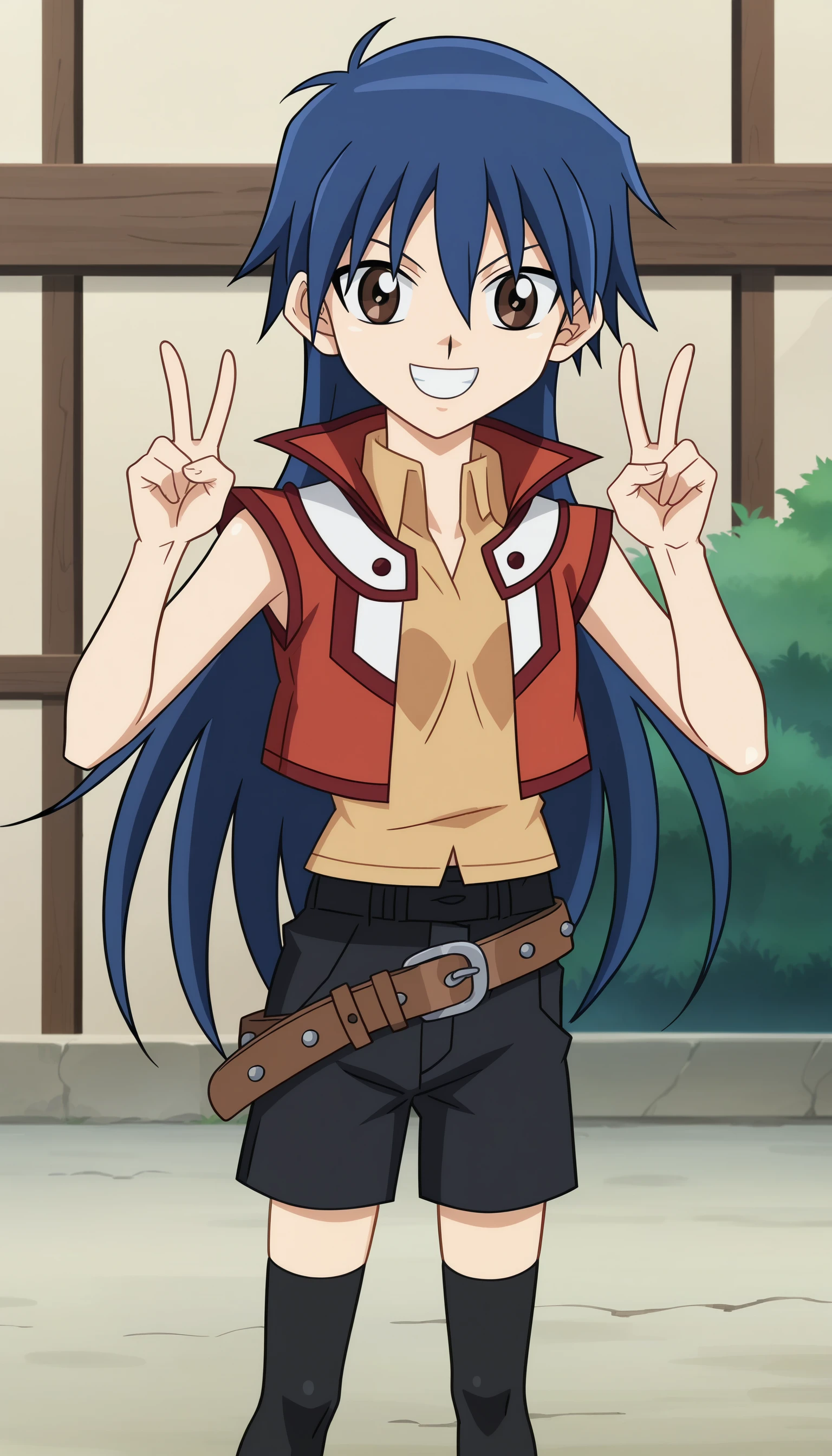 outdoors,
<lora:BlairSDXL_1:1>,blairf, 1girl,solo, long hair, blue hair, sleeveless jacket, sleeveless shirt, brown eyes, grin, brown belt, hair between eyes, looking at viewer, black thighhighs, standing, black shorts,cowboy shot,double v, ,skinny,
anime screencap, anime coloring, official art,