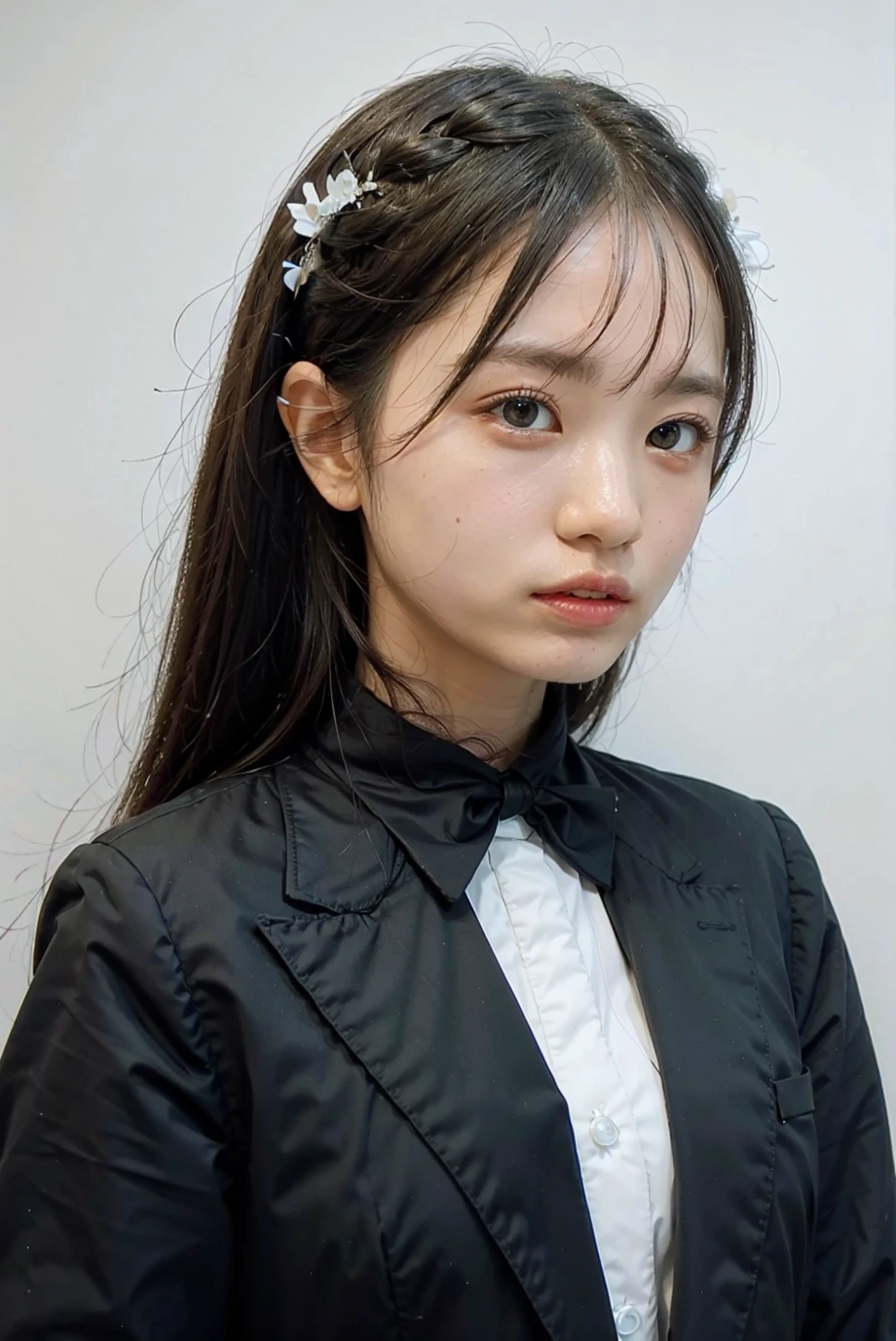 1girl, black  random formal attire, white background,  <lora:KatoYui_SKE48-02:1>