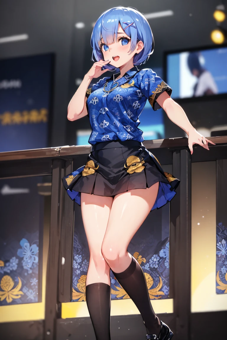 (((masterpiece))), (((best quality))),  1girl, rem(\rezero\), batik-kopri, blue shirt, form fitting, looking at viewer, mini skirt, black skirt, short sleeves,  amazing intricate finely detailed, office background, bokeh dynamic poses, dynamic angle, <lora:batik-kopri:0.8>