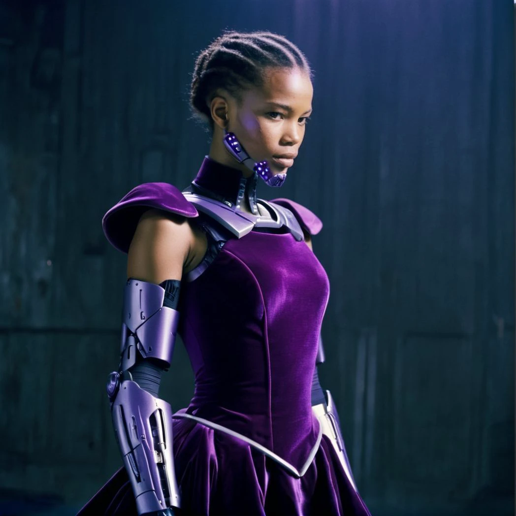 (film photography style:1.5) a medium-shot of female cyborg in a purple velvet dress, heavy grain  <lora:SDXL_FILM_PHOTOGRAPHY_STYLE_V1:.8>