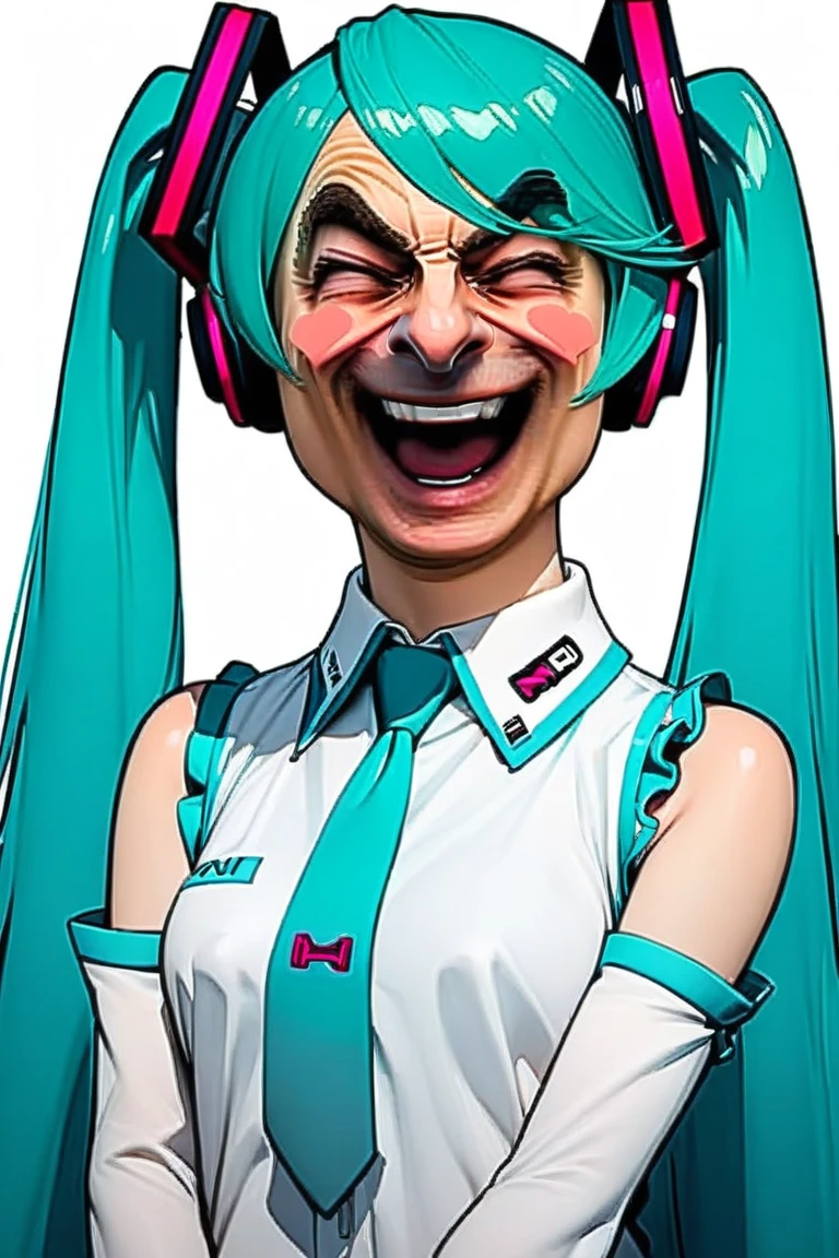 Mr.Bean-face,(masterpiece, best quality), BREAK 1girl, hatsune miku, solo, twintails, long hair, closed eyes, aqua hair, heart, detached sleeves, open mouth, sleeveless shirt, shirt, smile, very long hair, sleeveless, blush stickers, pink eyes, simple background, hair ornament, bangs, upper body, necktie, white background, no nose, aqua necktie